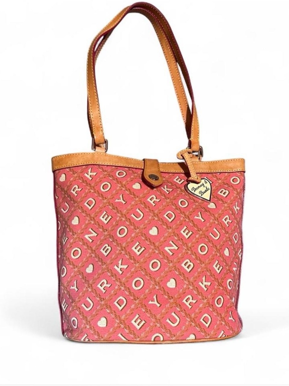 Y2K 2000s Coquette Dooney & Bourke Canvas Pink Signature Tote Hearts Tan Leather